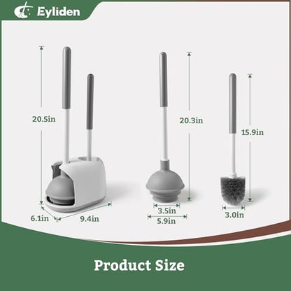 Eyliden Toilet Plunger & Brush Set, 3-Step Suction Cup, Compact Caddy | Space-Saving Toilet Deep Cleaning Combo with Holder, Ultra-Tight Seal, Durable, Nylon Bristles, Bathroom Essentials