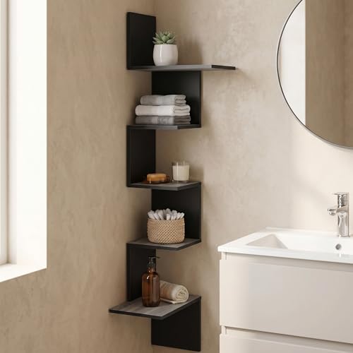 Furinno Rossi Wall Mounted Shelves, 5-Tier Rectangle, French Oak Grey/Black - color: French Oak Grey/Black