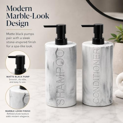 Marble Resin 2 Piece Shampoo and Conditioner Dispenser Set, Luxurious Refillable Pump Bottles with Matte Pump Top and Embossed Text, Durable Design for Bathroom and Shower - color: 2pack Marble Shampoo and Conditioner Set