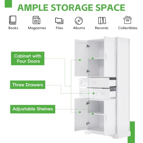 JIVOIT 70" Tall Bathroom Storage Cabinet with 4 Doors and 3 Drawers | Freestanding Linen Tower, Adjustable Shelves, MDF Board White Bathroom Organizer, Aluminum Alloy Hook, Space-Saving - color: White//56