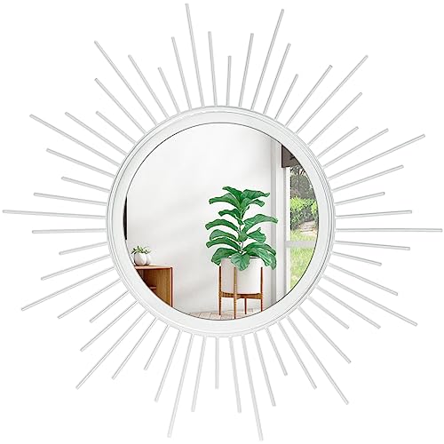 Wall Decor Spoked Sunburst Accent Wall Mirror Round Home Modern Metal Art Mirror for Bathroom Living Room Hallway Bedroom Balcony Farmhouse Entrance White 12" - color: Sunburst-white, size: 12"L x 12"W