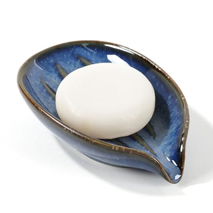 Soap Dish, Self-Draining Soap Holder, Leaf Shape Ceramic Bar Soap Holder Drain Soap Dishes for Bathroom Sink Kitchen, Easy to Clean Keeps Soap Dry, Blue, ANTIS'S HOME - color: Blue-1pcs
