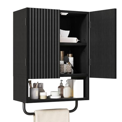 IBUYKE Bathroom Wall Cabinet Over Toilet Cabinet for Bathroom UWBS003B | with Doors and Adjustable Shelf, Towel Bar, Wall Mounted, for Laundry Room & Living Room Kitchen, Black,Modern - color: Black