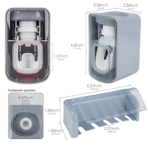 5 Slots Wall Mount Toothbrush Holder with Cover, Self Adhesive Toothbrush Storage Organizer for Shower, Toothbrush Hanger with Automatic Toothpaste Squeezer Dispenser (Grey) - color: Grey Combination