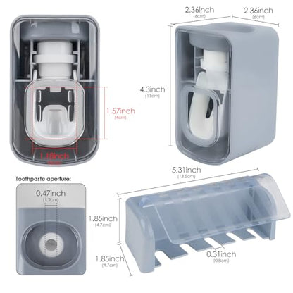 5 Slots Wall Mount Toothbrush Holder with Cover, Self Adhesive Toothbrush Storage Organizer for Shower, Toothbrush Hanger with Automatic Toothpaste Squeezer Dispenser (Grey) - color: Grey Combination