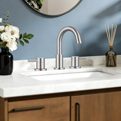 FGKQ 3-Hole 2-Handle Widespread Bathroom Sink Faucet, Brushed Nickel | Stainless steel, pop-up drain included, 360°swivel spout, for vanity sink 3-hole mount, 8-in widespread - color: 1-Brushed Nickel