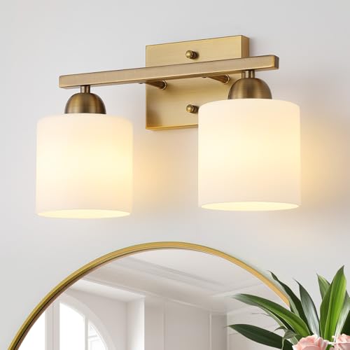 Mecgirn Milk Glass Vanity Lights for Bathroom, 2 Light Antique Matte Brass Bathroom Vanity Light Fixtures Over Mirror, Ceramic E26 Sockets Wall Mounted - color: Brass, size: 2 Light