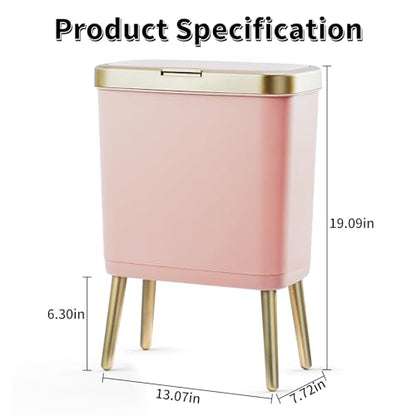 Procade Bathroom Trash Can with Lid,4 Gallon Gold and Pink Garbage Can,Slim | Tall Plastic Trash Bin with Legs and Press Top Lid,Narrow cute Small Waste Basket for Room, Bedroom,Office,Kitchen,RV,Laundry - color: Pink