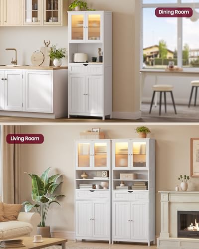 VASAGLE Storage Cabinet with LED Lights, Freestanding Storage Unit with Adjustable Shelves, Drawer, Open Compartments, for Bathroom, Living Room, Kitchen, Cloud White UBBC767WH01S - size: 11.8"D x 23.6"W x 69.9"H, style: 4 Doors + 2 Open Compartments+LED
