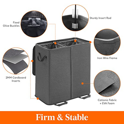 Lifewit Double Laundry Hamper with Lid and Removable Laundry Bags, Large Collapsible 2 Dividers Dirty Clothes Basket with Handles for Bedroom Laundry Room Closet Bathroom College, 136L Black - color: Black, size: 136L