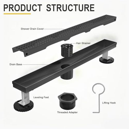 Linear Shower Drain - 24 Inch Matte Black, with Grate Removable | AISI 304 Stainless Steel Shower Drain with Adjustable Feet, Hair Catcher, Rectangle Shower Floor Drain Fits Bathroom, Balcony - color: Matte Black, size: 24 Inch