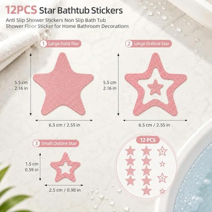 LOGOFUN 12 Pcs Star Anti-Slip Bathtub Stickers, Pink | Provides Textured Traction Points to Smooth Tub and Shower Surfaces, For Bathrooms, Steps, Tiles, and Clean Flat Areas