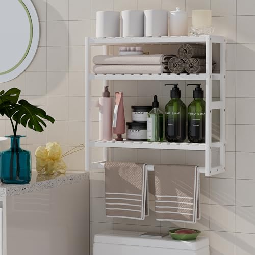 Towel Rack Bathroom Storage Shelves Over The Toilet with Towel Bar 100% Bamboo Adjustable Height Floating Shelf Wall Shower Shelf for Small Space Updated Painting - color: Updated White 1pack