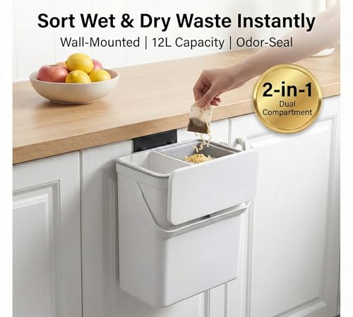 3.2 Galoon Kitchen Compost Bin with lid | Odorless Hanging Trash Can with Sliding Lid for Dry & Wet Waste – 12 L Wall-Mounted Garbage Can for Kitchen Cabinet. Under Sink Trash can for Office.