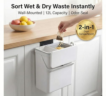 3.2 Galoon Kitchen Compost Bin with lid | Odorless Hanging Trash Can with Sliding Lid for Dry & Wet Waste – 12 L Wall-Mounted Garbage Can for Kitchen Cabinet. Under Sink Trash can for Office.