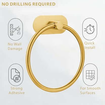 Self-Adhesive Towel Ring, No Drill Stainless Steel Round Hand Towel Holder, Rustproof Waterproof Towel Hanger with Strong Sticky Base, Modern Wall-Mounted Towel Loop for Bathroom Kitchen (Gold) - color: Gold