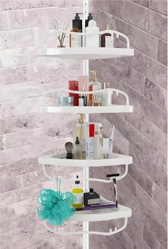 Shower Caddy Tension Pole with 4 ABS Baskets,Shower Storage Shelf with 56 to 125 Inch Adjustable Stainless Pole for Bathroom White - color: White
