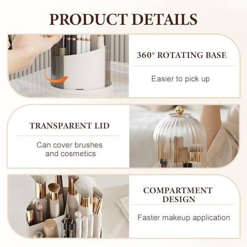 Concealed Toothbrush Holder, Makeup Brush Holder Organizer with Lid 360 Rotating Clear Dustproof for Dresser Tabletop Bathroom Countertop (Milky White) - color: Milky White