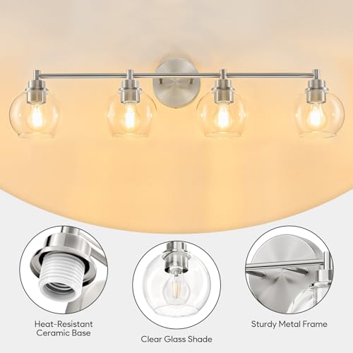 VONLUCE 4 Light Bathroom Vanity Light Fixtures, Brushed Nickel Finish | Globe Glass Shades, E26 Sockets, Easy to install, ETL Certificated, Vanity Lights for Bedroom Hallway Living Room - color: Nickel, size: 4-Light