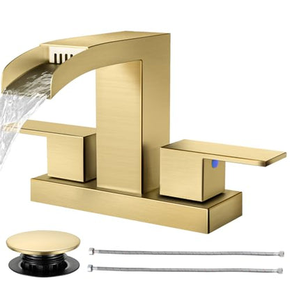 Cobbe Waterfall Bathroom Faucets 3 Hole, Brushed Gold Bathroom Sink Faucet Square 4 Inch Centerset with Pop-Up Drain, 2 Handle and 2 Supply Hoses, Lead-Free Stainless Steel for Vanity Sink Rv - color: Gold, size: 4 Inch Centerset