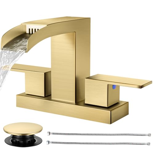 Cobbe Waterfall Bathroom Faucets 3 Hole, Brushed Gold Bathroom Sink Faucet Square 4 Inch Centerset with Pop-Up Drain, 2 Handle and 2 Supply Hoses, Lead-Free Stainless Steel for Vanity Sink Rv - color: Gold, size: 4 Inch Centerset