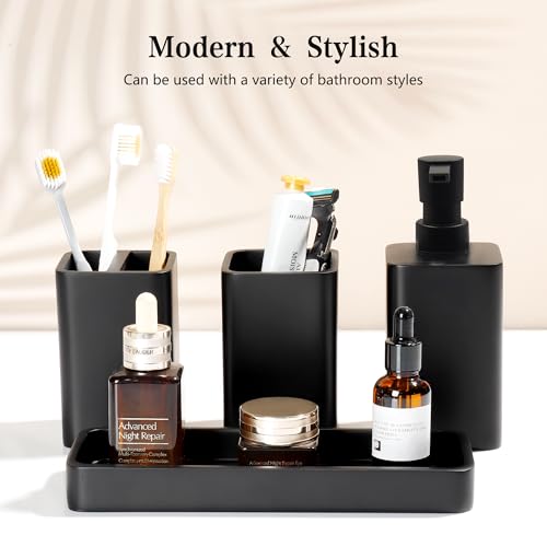 Bathroom Accessories Set, 4 Piece Toothbrush Holder Set, Matte Black | Bathroom Accessory Set with Soap Dispenser, Toothbrush Holder, Tumbler, Vanity Tray, Bathroom Sink Set for Modern Home Decor - style: Matte Black