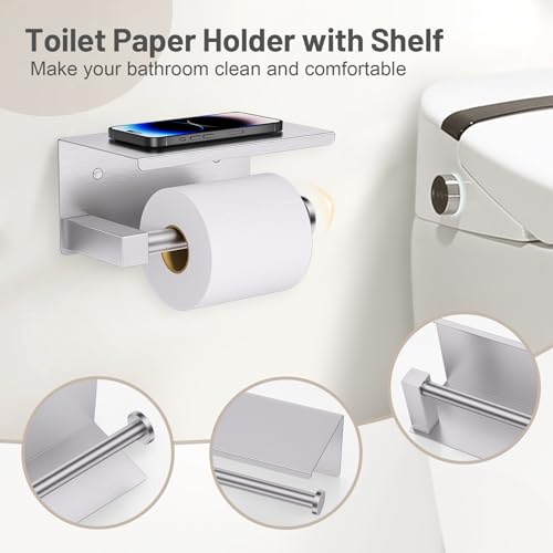 Lairuier Bathroom Hardware Set Brushed Nickel, Towel Holder Set Wall Mount | Bathroom Accessories Set, SUS304 Stainless Steel 23.6" Towel Bar, Toilet Paper Holder with Shelf, Towel Ring and Towel Hooks - color: Brushed Nickel, size: 5 Pieces - With Shelf