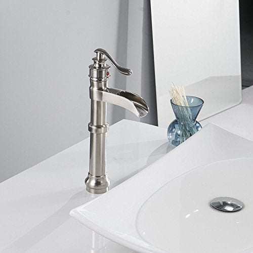 Bathroom Sink Faucet Brushed Nickel Vessel Sink Faucet | Waterfall Spout,Single Handle 1 Hole, Deck Mount ,Tall Faucet for Bowl Lavatory Sink,with Supply Hose - color: Brushed Nickel