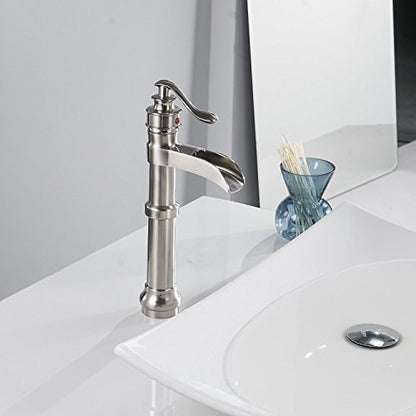Bathroom Sink Faucet Brushed Nickel Vessel Sink Faucet | Waterfall Spout,Single Handle 1 Hole, Deck Mount ,Tall Faucet for Bowl Lavatory Sink,with Supply Hose - color: Brushed Nickel