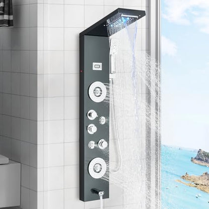 FUZ Shower Panel Tower System, Stainless Steel 6 Functions Shower Panel System with LED Fancy Rain Shower Head and Handheld, Adujstable Rain Massage Body Jets and Tub Spout, Matte Black Shower Tower - color: Black, style: 8039-B