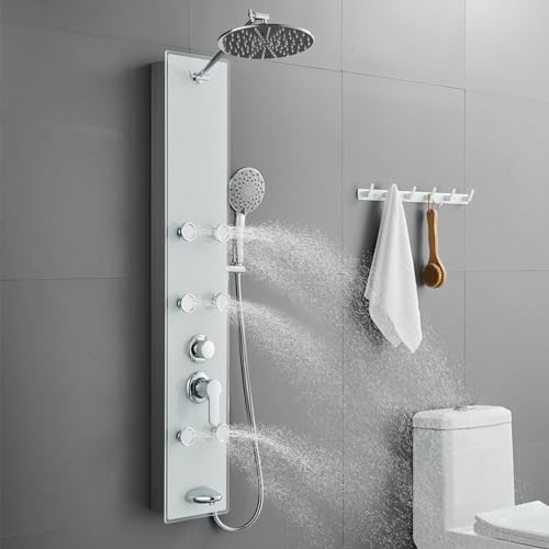 ROVOGO Glass Shower Panel Tower System With Adjustable Shower Head, White | Stainless Rain Shower Head, 5-Setting Handheld, 6 Body Jets, Tub Spout, Shower Column With Brass Mixing Valves, 47-1/5 Inch - color: White Glass Panel