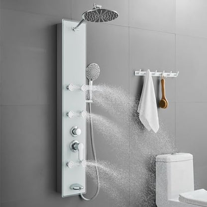 ROVOGO Glass Shower Panel Tower System With Adjustable Shower Head, White | Stainless Rain Shower Head, 5-Setting Handheld, 6 Body Jets, Tub Spout, Shower Column With Brass Mixing Valves, 47-1/5 Inch - color: White Glass Panel