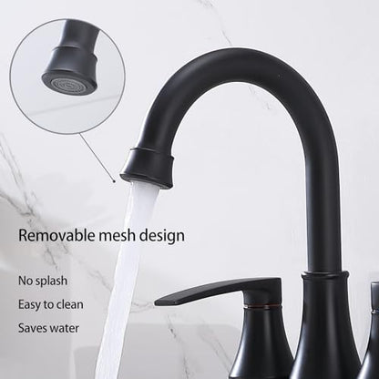 Lead-Free Matte Black Bathroom Sink Faucet, 2 Handle 4 Inch Centerset Faucet, Modern 360° Swivel High-Arc Spout Bath Lavatory Vanity Faucets for Sinks with Drain & Water Hoses, VALZST049B - color: Matte Black