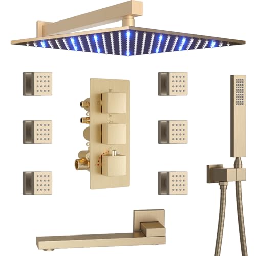 4 Way Thermostatic Shower Diverter System with 12 inch Shower Head and Tub Spout, Brushed Gold Bathtub Shower Faucet Set with 6 Body Jet and Handheld Spray - color: Brushed Gold, size: 12" Wall Shower