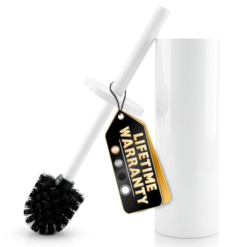 Stainless Steel Toilet Brush and Holder Set, Splash Guard (White) | White Toilet Bowl Brush and Holder Set, Removable Bowl, Dense Bristles, Long Handle, Scratch Resistant, for Modern Bathrooms - color: White