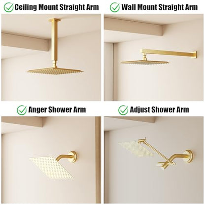 10 In Rain Shower Head High Pressure Rainfall Shower Head Brushed Gold | Square Rain Bathroom Showerhead, High Flow, Large Stainless Steel, Ceiling Mounted, Wall Mounted, Waterfall Full Body - color: Brushed Gold, size: 10 Inch