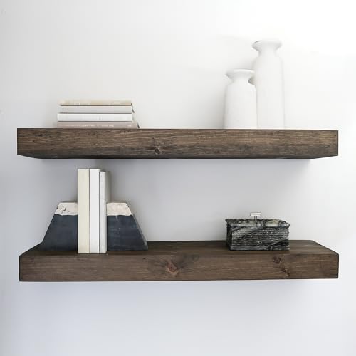 Urbandi Modern Floating Shelves 3 Inches Thick for Wall, Wide Shelves for Kitchen, Living Room, Bedroom, and Bathroom, Natural Pine Wood, Rustic Wooden Shelf, (Set of 2) (Jacobean, 36Lx3Hx8D) - color: Jacobean, size: 36Lx3Hx8D