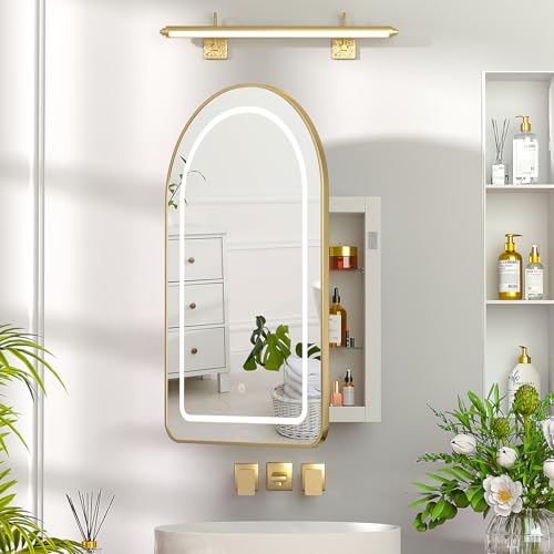 Recessed Medicine Cabinet with Lights,Brushed Gold Arched Medicine Cabinet with Mirror for Bathroom,3-Color Lighted Mirrored Cabinet Wall Mounted,Bathroom Vanity Mirror with Storage,20x31 - color: Brushed Gold, size: 20x31