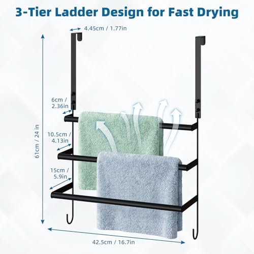 Over the Door Towel Rack for Bathroom Bedroom, 3-Tier Matte Black Towel Bars with Bottom Hooks, Heavy Duty Rustproof No-Drill Towel Holder for Bathroom Door Back, Space Saving Drying Rack Organizers