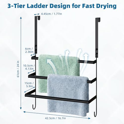 Over the Door Towel Rack for Bathroom Bedroom, 3-Tier Matte Black Towel Bars with Bottom Hooks, Heavy Duty Rustproof No-Drill Towel Holder for Bathroom Door Back, Space Saving Drying Rack Organizers