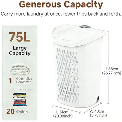 White Wheeled Plastic Laundry Hamper 75L – Adult-Sized Rolling Basket With Handles For Home & Dorms - size: 75L