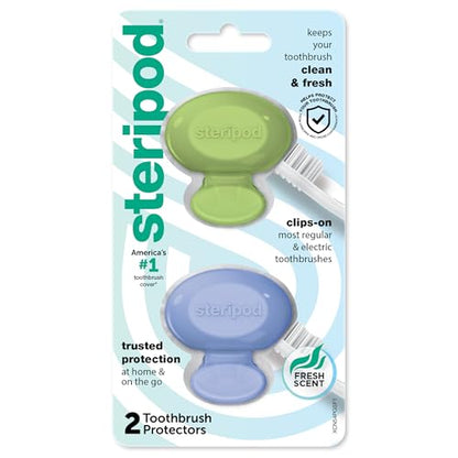 Steripod Clip-On Toothbrush Protector, Green and Blue, 2 Count - color: Green and Blue, size: 2 Count (Pack of 1)