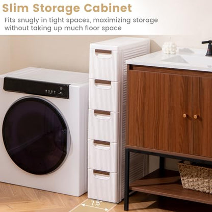 5-Drawer Narrow Storage Cabinet, Slim Rolling Cart (7.5"x16.5"x36") | Mobile Plastic Cart Container | Pull Handles & Built-in Wheels | For Living Room, Kitchen, Bathroom, Office - size: 7.5"x16.5"x36" (5 Drawer)