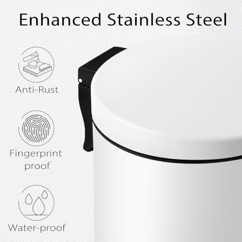 TIPGO Small Bathroom Trash Can with Lid Soft Close, 1.2 Gal, White | Hands-Free Step Pedal, Removable Inner Bucket, 4.5 Liters, Round Stainless Steel Garbage Can for Bedroom, Office, Kitchen - color: White