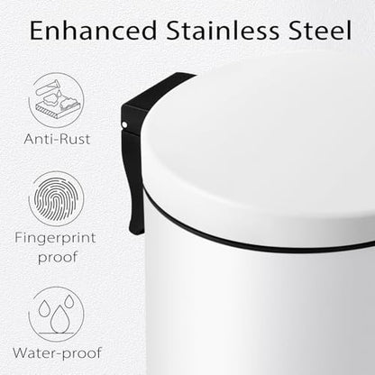 TIPGO Small Bathroom Trash Can with Lid Soft Close, 1.2 Gal, White | Hands-Free Step Pedal, Removable Inner Bucket, 4.5 Liters, Round Stainless Steel Garbage Can for Bedroom, Office, Kitchen - color: White