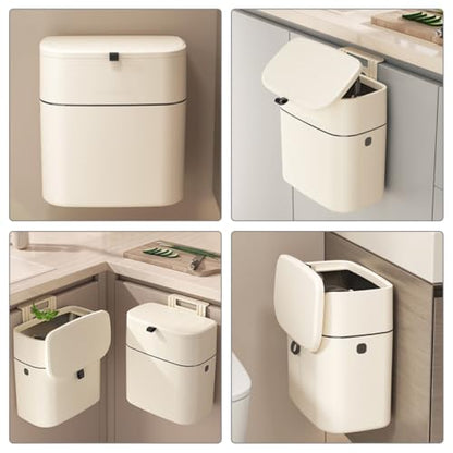 KOMBIUDA 12l Hanging Trash Can with Lid, Wall-Mounted Sealed Garbage Bin for Kitchen and Bathroom, No-Drill Installation, Plastic Waste Container in Light Beige for Home Organization