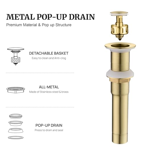 Pop up Sink Drain Stopper for Bathroom Vessel Vanity Sink Art Basin Brushed Gold, Small Cap Without Overflow, Metal Pop-up Drain Strainer with Detachable Basket Stopper | Pop Up Drain, Made of Metal, Small Cap, with Detachable Basket Stopper, Drain Fast,