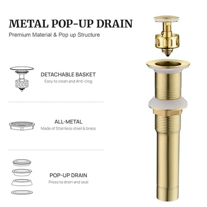 Pop up Sink Drain Stopper for Bathroom Vessel Vanity Sink Art Basin Brushed Gold, Small Cap Without Overflow, Metal Pop-up Drain Strainer with Detachable Basket Stopper | Pop Up Drain, Made of Metal, Small Cap, with Detachable Basket Stopper, Drain Fast,