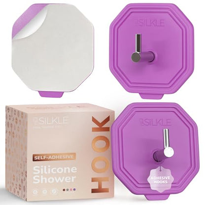 SILKLE Silicone Shower Hooks for Inside Shower, 2-Pack Adhesive Towel Hooks | Adhesive Shower Hooks, No Drill - Razor & Loofah Holders for Shower Wall, Heavy-Duty, Waterproof, Damage-Free - Purple - color: Purple