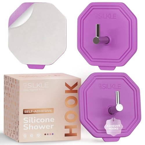 SILKLE Silicone Shower Hooks for Inside Shower, 2-Pack Adhesive Towel Hooks | Adhesive Shower Hooks, No Drill - Razor & Loofah Holders for Shower Wall, Heavy-Duty, Waterproof, Damage-Free - Purple - color: Purple